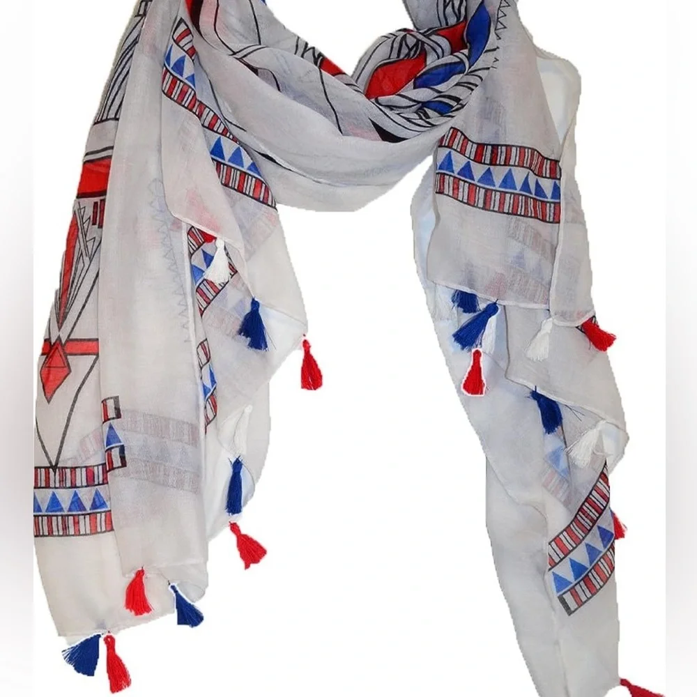 Féria Mode Red White and Blue Lightweight Tassel Shawl Scarf Wrap Sarong
